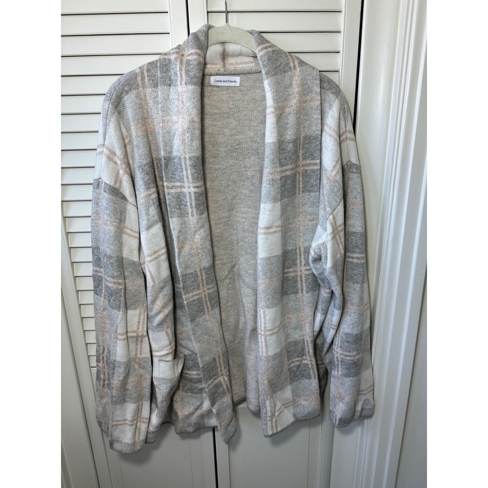 Lovers and Friends Plaid Cashmere Blend Open Front Cardigan Sweater Grey White